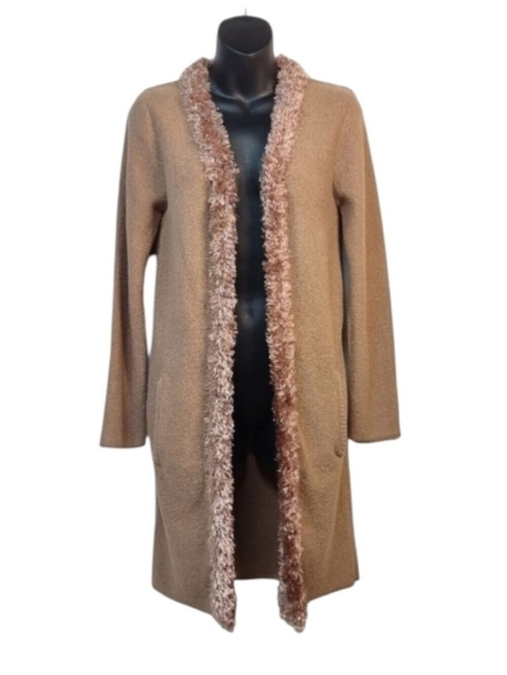 Ziani Couture Womens Brown Knit Faux Fur Trim Sweater Cardigan Open Front Size M